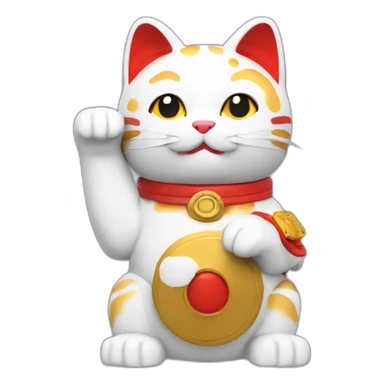 maneki neko with the arm straight and a red armband and a camera sticker