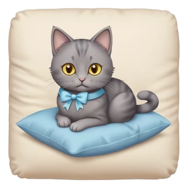 A grey cat with yellow eyes and a light blue bow sits on a beige pillow



 sticker