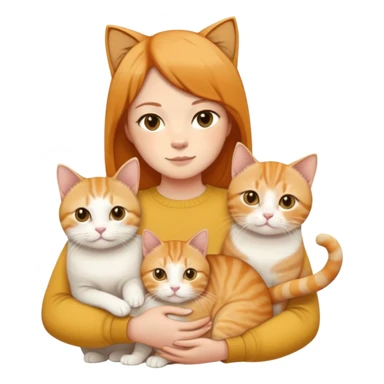 Straight short hair ear length in dark brown , skin tone honey . holding 3 cats - 1 ginger cat , 1yellow white cat , 1 British short hair in cream color cat which are all  same size  sticker