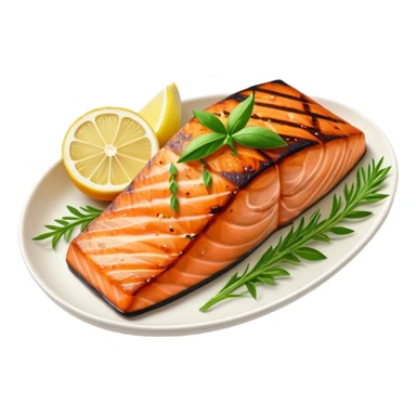 Cinematic perfectly grilled salmon, rich orange hues with crispy skin, garnished with fresh herbs, drizzled with lemon, ultra-detailed and delicious. sticker
