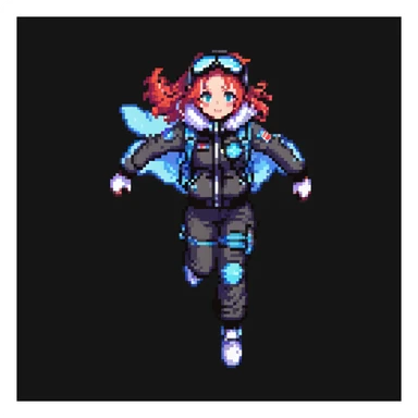 1 female, a vtuber in a cryo suit with a flight jacket, walk run jump anim sprite sheet sticker