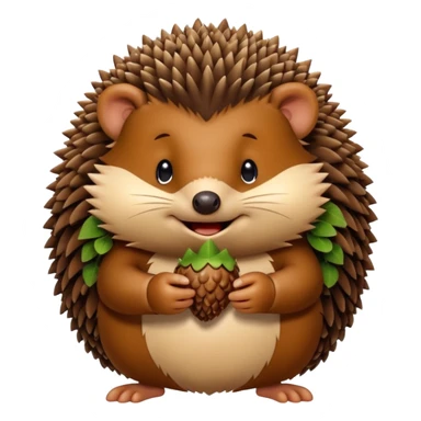 A round hedgehog with a small fuzzy beard puff under its nose, smiling shyly while holding a tiny acorn.



















 sticker