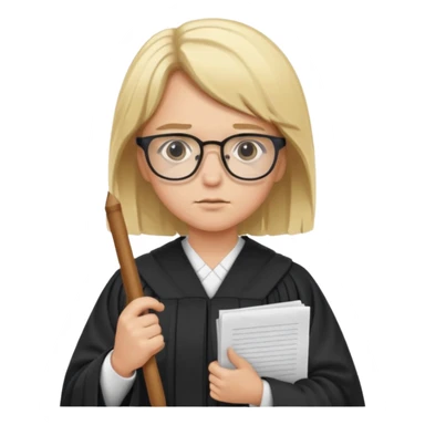 Young judge, blonde hair with glasses and robe, hold a paper sticker