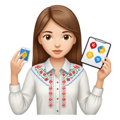 A Ukrainian girl with brown hair in an embroidered shirt holds a diagram sticker