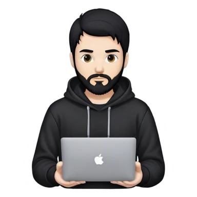 hackeur blanc cheveux noir barbe et capuche noir avec un macbook sticker