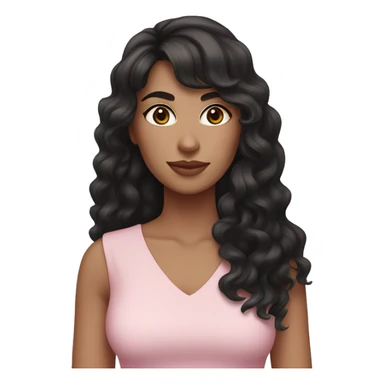 White woman with long black curly hair and bangs and dark brown eyes, wearing a pastel pink dress sticker