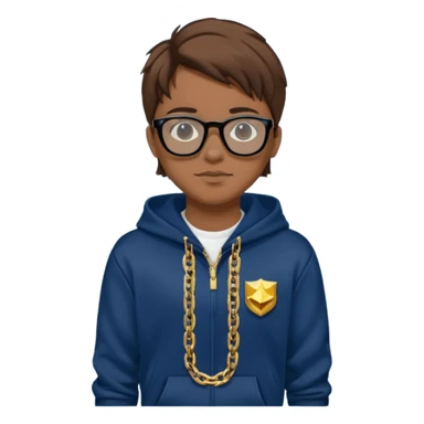 Brown hair with black glasses and lends have black and a dark blue hoodie that says caylus kingdom with black pants and a gold chain  sticker