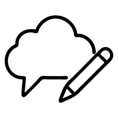 comic style speech bubble shaped like a cloud with a pen or pencil next to it representing a post caption as a comment outline style sticker