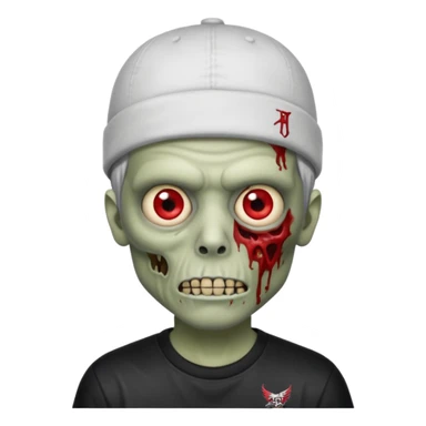 a zombie with the edgar hair cut chrome hearts shirt, one red eye and a nike skully on his head sticker