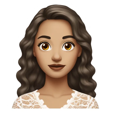 hyper realism Adult woman with brown eyes, light tanned skin, long wavy dark brown hair, wearing a white lace dress, thin eyebrows sticker