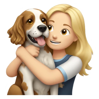 girl with blond hair hugs a spaniel dog sticker