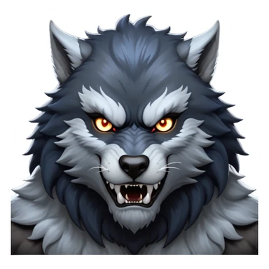 cinematic-noble-fierce-werewolf-portrait-emoji, poised-and-imposing, with a tall, slender yet muscular frame inspired by the brutal, imposing shape of the beast from Berserk, fur rippling in shades of midnight black and silver, eyes glowing with an intense, primal ferocity, reflecting the untamed power of the wild moonlit night; rendered with realism sticker