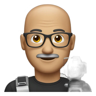 man without hair, a black mustache and large glasses holding a video camera sticker