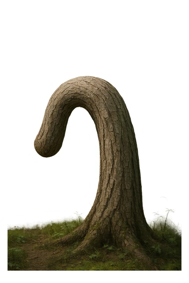 Realistic, vertical 4K illustration: a hyperrealistic tree trunk in a forest setting, noticeably bent, drooping, or wilted instead of standing upright. The bark is textured and detailed, with subtle cracks and faded colors suggesting loss of vitality. Soft, natural light filters through the surrounding trees, casting gentle shadows. The scene is quiet and contemplative, with the trunk’s unusual, slumped posture symbolizing a decline in male libido. The background is lush and detailed, but the focus remains on the central, softened trunk, evoking a sense of vulnerability and introspection. sticker