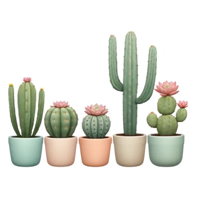 Ceramic pots in pastel colors, tall and short, round and square, containing desert cactus plants, hanging cacti, flowering cacti, echeveria succulents, and sedum succulents, placed in a row on the floor, white background sticker