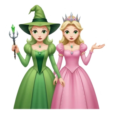 make an emoji of the green wicked witch standind behind the good witch Glinda and being overly protective looking angry and glinda looking happy sticker