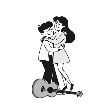 Two happy musicians hugging each other, smiling, friendly embrace, musical instruments nearby sticker
