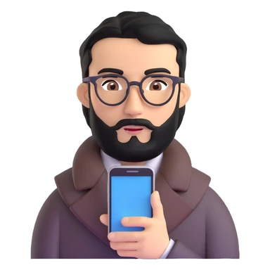professional man with medium black beard, neat black hair, connected unibrow, olive tan skin, brown eyes, glasses, prominent nose, wearing a black coat, holding a smartphone sticker