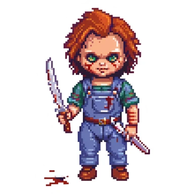 Chucky doll holding a bloody knife, horror style sticker