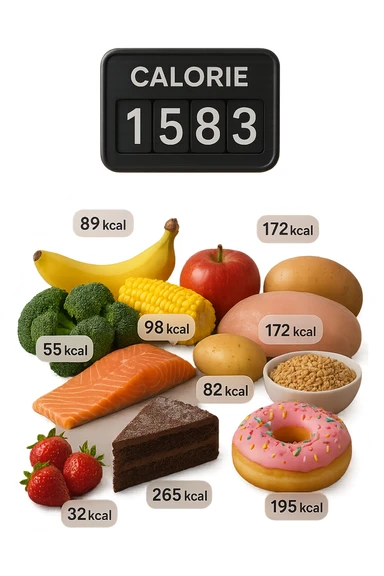 a digital calorie counter hovers above a variety of foods arranged on a table—fruits, vegetables, grains, meats, and desserts. Each food has a floating label showing its calorie content. The background is clean and modern, emphasizing the educational aspect of calorie awareness. scritto in italiano sticker