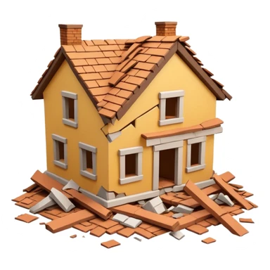 3D iPhone style emoji of a collapsed house, broken walls and roof pieces scattered, debris and ruins visible, isolated on white background, soft shadows, high detail, playful and cute. sticker
