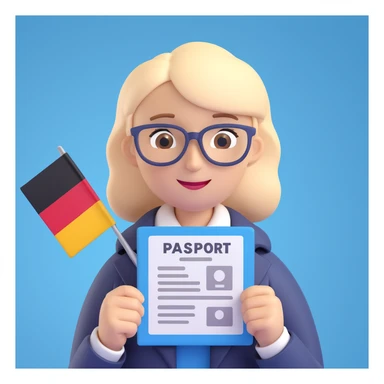 Add a background with the German flag. The universal character holds a passport or permanent residence document in hands. Maintain the 3D style. The character is neutral, friendly, and official. sticker