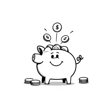 cartoon piggy bank bursting with coins, goofy and playful sticker