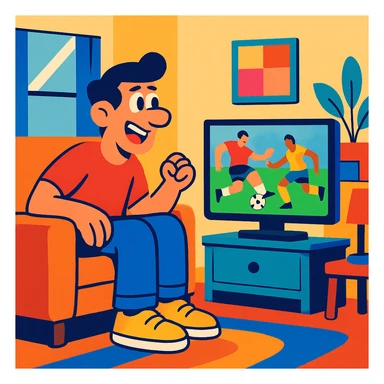 person watching sports on TV in a living room scene with vibrant colors sticker