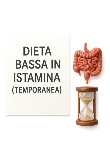 foglio di carta di una dieta con la scritta "DIETA BASSA IN ISTAMINA (TEMPORANEA), E ACCANTO CI METTI UN INTESTINO IN MINIATURA E UNA CLESSIDRA, iperrealistico 4k sticker