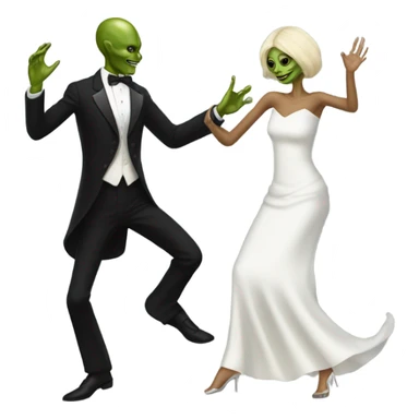  a Reptilian alien woman, in white dress, dance with a human man in frack sticker