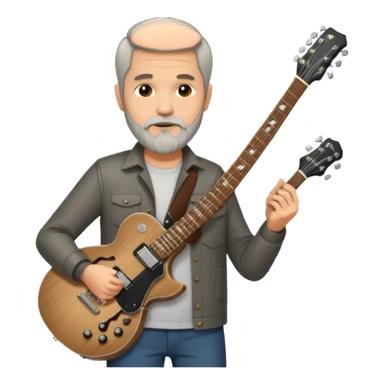 a short grey hair, with long side beard chop, middle age metal head with a classic epiphone eletric guitar sticker