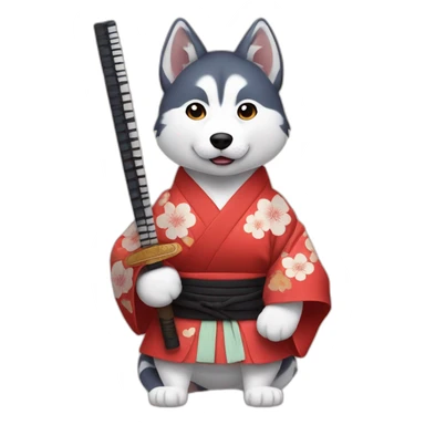 husky with a Japanese hat and a kimono holding a katana sticker