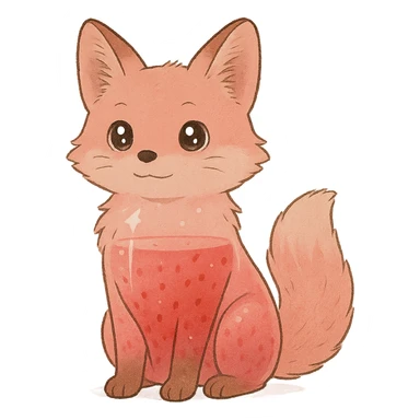 soft fluffy fox with a transparent body showing a strawberry smoothie inside, sparkling eyes, pastel pink, full-body sticker