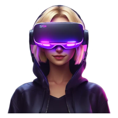 Russian blondy girl celebrating her birthday wearing a black hoodie and VR headset in a cyberpunk VR environment with violet neon lighting sticker