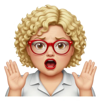 blonde woman with short curly hair, slightly overweight, wearing red-framed glasses, shouting with hands on sides of mouth, angry and proud expression sticker