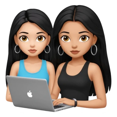 a pretty bratz dusky girl with long black hair, kajal under eyes, small silver hoop. black tank top on. laptop in hand sticker