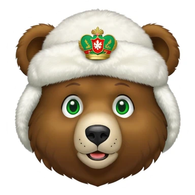 Sweet brown bear face with green eyes, white fluffy ushanka hat with very visible Russian Federation coat of arms in center, iOS emoji style sticker
