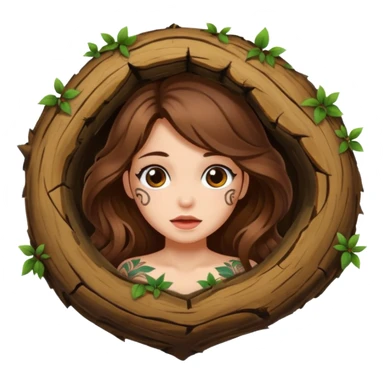 cute woman long wavy brown hair tattoos peeking from tree hole sticker