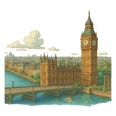 ghibli style London cityscape with Big Ben and Thames river sticker