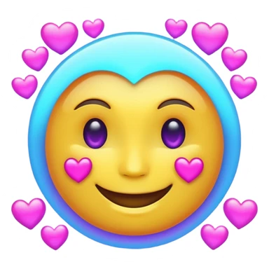 Futuristic glowing smiling face emoji with neon hearts instead of eyes, purple and blue holographic light, dark background sticker
