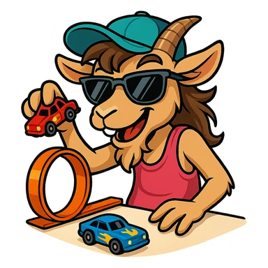 goat for Telegram stickers inspired by reference https://attic.sh/feoducyurkpqwz0la088soao98sx: wearing a cap, glasses, mullet hairstyle, pink drunkard tank top, playing with hot wheels cars sticker