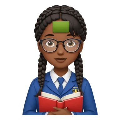 Girl student wearing uniform, glasses, hold book in front of their chest, black braided hair, dark skin sticker