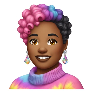 Plus size black woman with pink curly pixie cut hair and a rainbow tie dye sweater , and diamond stud earrings  sticker