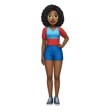 Create an emoji of a woman with black hair, wearing blue shorts and a red top and posing. sticker