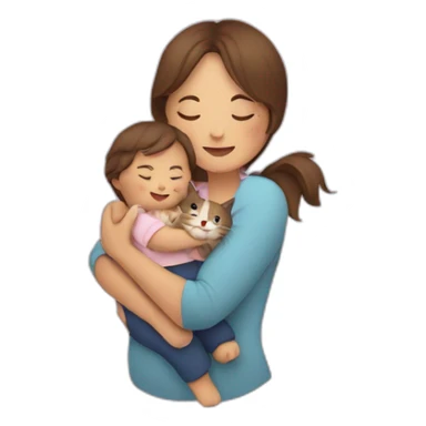 a mom cuddling with a cat and a baby sticker