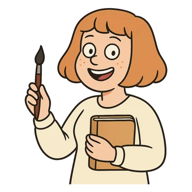 happy light-skinned woman writer, strawberry blonde page haircut, round face, freckles, smiling, holding a paintbrush and journal sticker