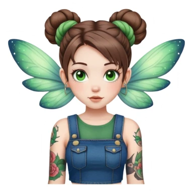 Fairy with: brown hair in bob half up in space buns, pale skin, tattoos, green eyes, a denim skirt sticker