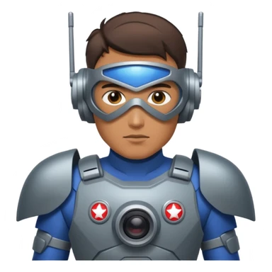 Un photographe homme high tech, une armure de terrain à la super héro. Il a des appareils photos, des caméras embarquées et un drone  sticker