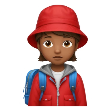 Little student brown wears red bucket hat and jacket, backpack, shy sticker