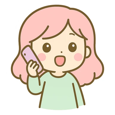 Edit the woman to look like she is talking on the phone with her mouth open as if speaking, maintaining the kawaii chibi anime style with flat pastel colors, thick outlines, and simple cute features. Use a transparent background. sticker